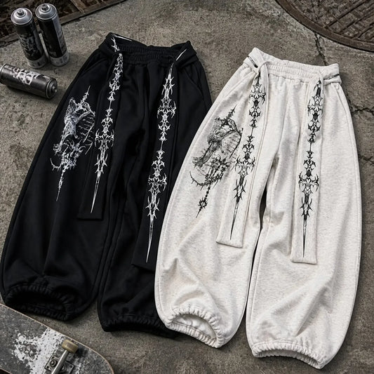 Retro American Black Loose Sweatpants Y2k Men Women Streetwear Dark Gothic Wide Leg Pants Fashion Embroidered Belt Jogging Pants