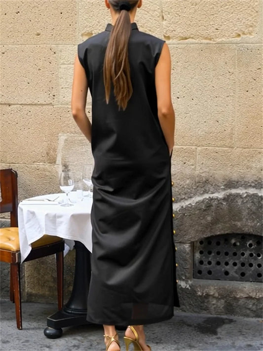 Yeezzi Women Fashion Split-Side Buttoned Stand Collar Evening Dresses 2026 New Sleeveless Solid Color H-Line Casual Shirts Dress