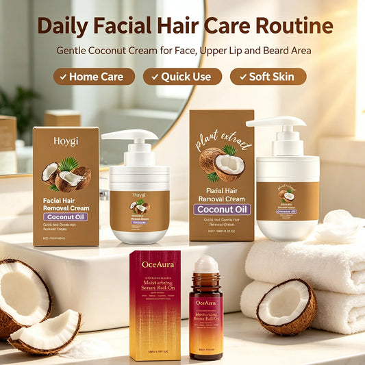 Facial Hair Removal Cream & After Care Roll On Oil Set Coconut Gentle Formula Smooth Skin Soothing Face Armpit Leg Nourishing