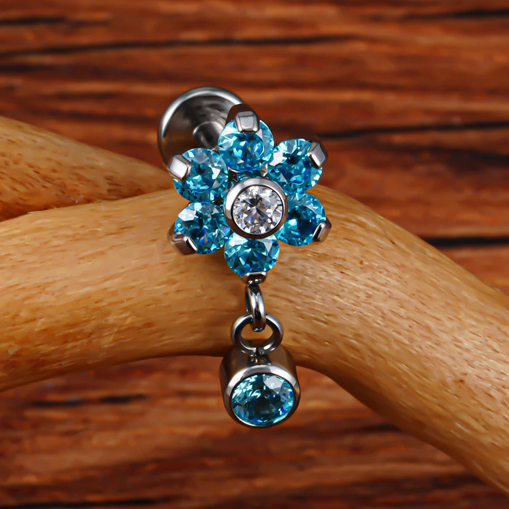 Right Grand ASTM F136 Titanium 16G Flower CZ Drop Dangle Flat Earring Tragus Helix Lobe Stud Piercing Jewelry