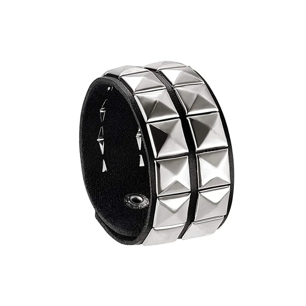 80s Black Round Square Gothic Spike Bracelet Punk Rock Bracelet Studded Faux Leather Bracelet for Men Women