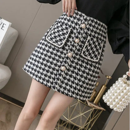 Women 2025 New Wool Houndstooth Short Skirt for Women in Autumn and Winter High-waisted Slim and Versatile A-line Hip-pack Skirt