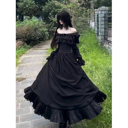 Japanese Gothic Vintage Black Dress Slim Elegant Midi Dress Solid Retro Fashion Party Dress Woman Korean Style Chic