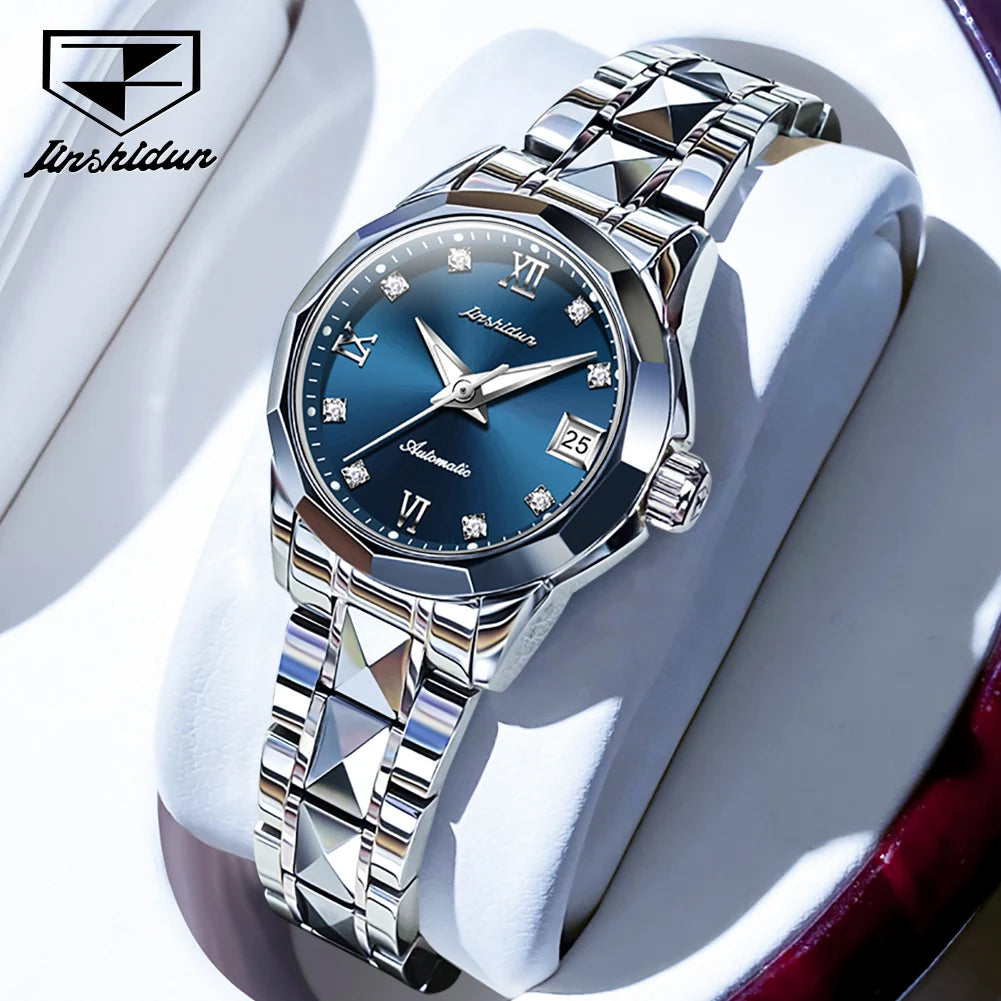 JSDUN Women's Watches Luxury Fashion Tungsten Steel Strap Sapphire Mirror Original Automatic Mechanical Wristwatch for Lady Date