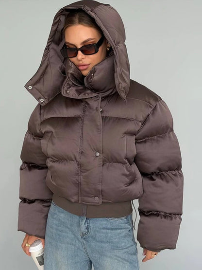 Detachable Sleeves Padded Coats Women's Hooded Zipper Pockets Stand Collar Thicken Jackets 2026 New Ladies Winter Solid Outwear