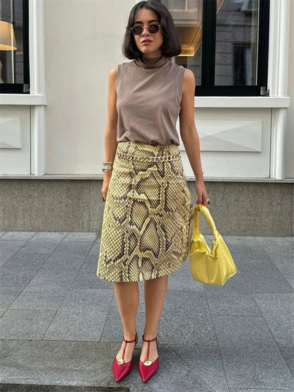 Tossy Snakeskin Printed Fashion Skirt Women's High Waist Slim Contrast Patchwork Commute Streetwear Female Vintage Y2k Skirt