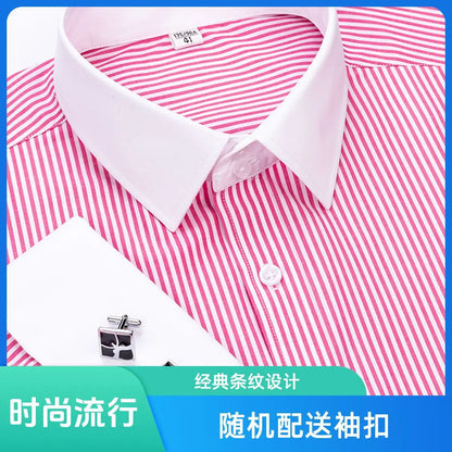 2026 Men's French Cufflink Shirt Slim-fit Colored Collar Business Dress Men's Long Sleeve Striped Shirt Collar