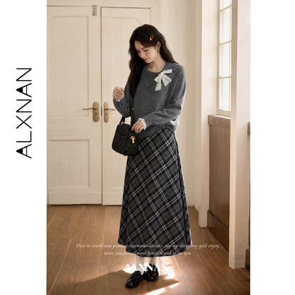 ALXNAN Gray Plaid Skirt Women 2026 Fall Elastic High Waist Long A-line Hem Skirts French Elegant Ladies Clothing DYL662980