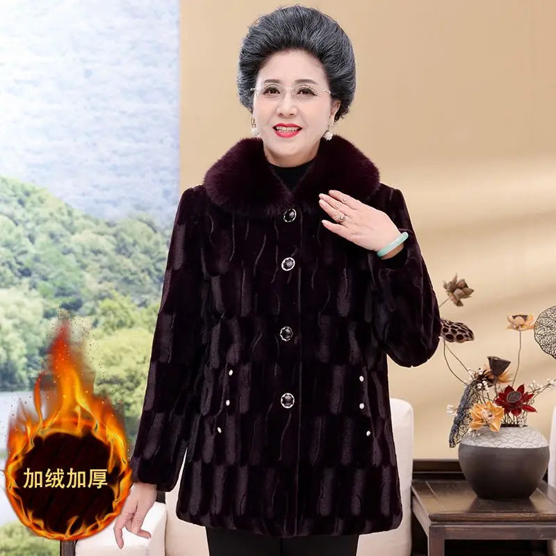 Grandma's Winter Jacket New Imitation Mink Fur Coat Mid Length Elderly Mother Add Velvet Thicken Warm Parkas Women Overcoat 6XL