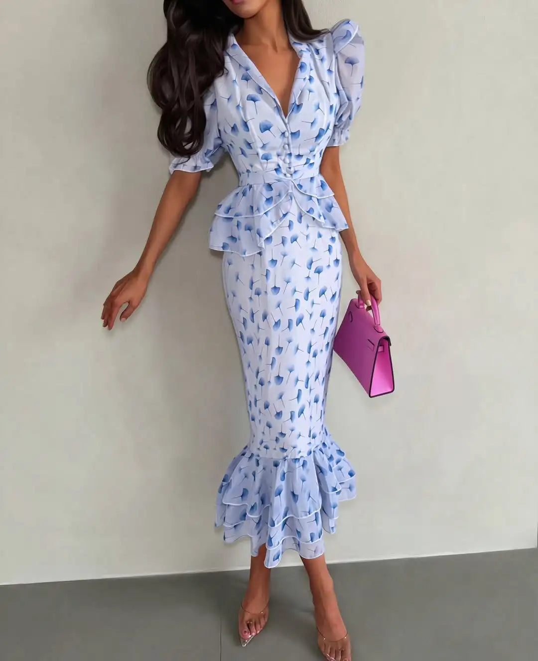 Organza Floral Printed Maxi Dress Women V Neck High Split Puff Sleeve Waist Cinching Ruffle Long Dresses Vacation Summer Outfits