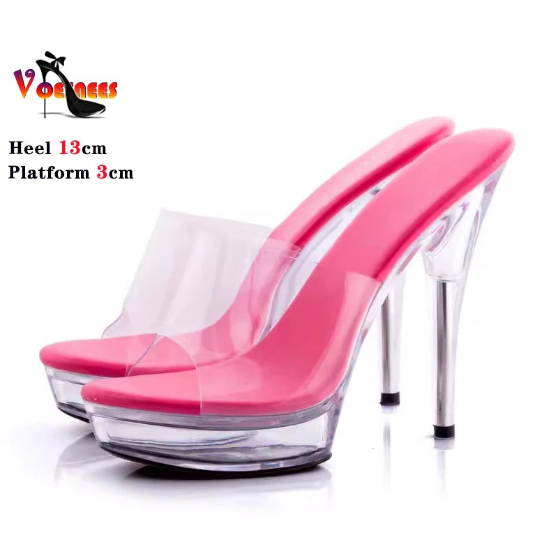 Summer Women Slipper Sandals 12cm 13CM Open Toe Crystal Thin Heel Transparent Platform Women's Shoes Sexy Model Training Heels