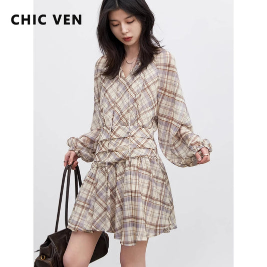 CHIC VEN Fashion Women Dresses V Neck Loose Casual New A Line Lace Up Long Sleeved Plaid Dress Puff Sleeve Spring Autumn 2026