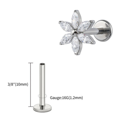 Right Grand ASTM F136 Titanium 16G Marquise Flower CZ Labret Stud Helix Conch Cartilage Tragus Flat Back Piercing Body jewelry