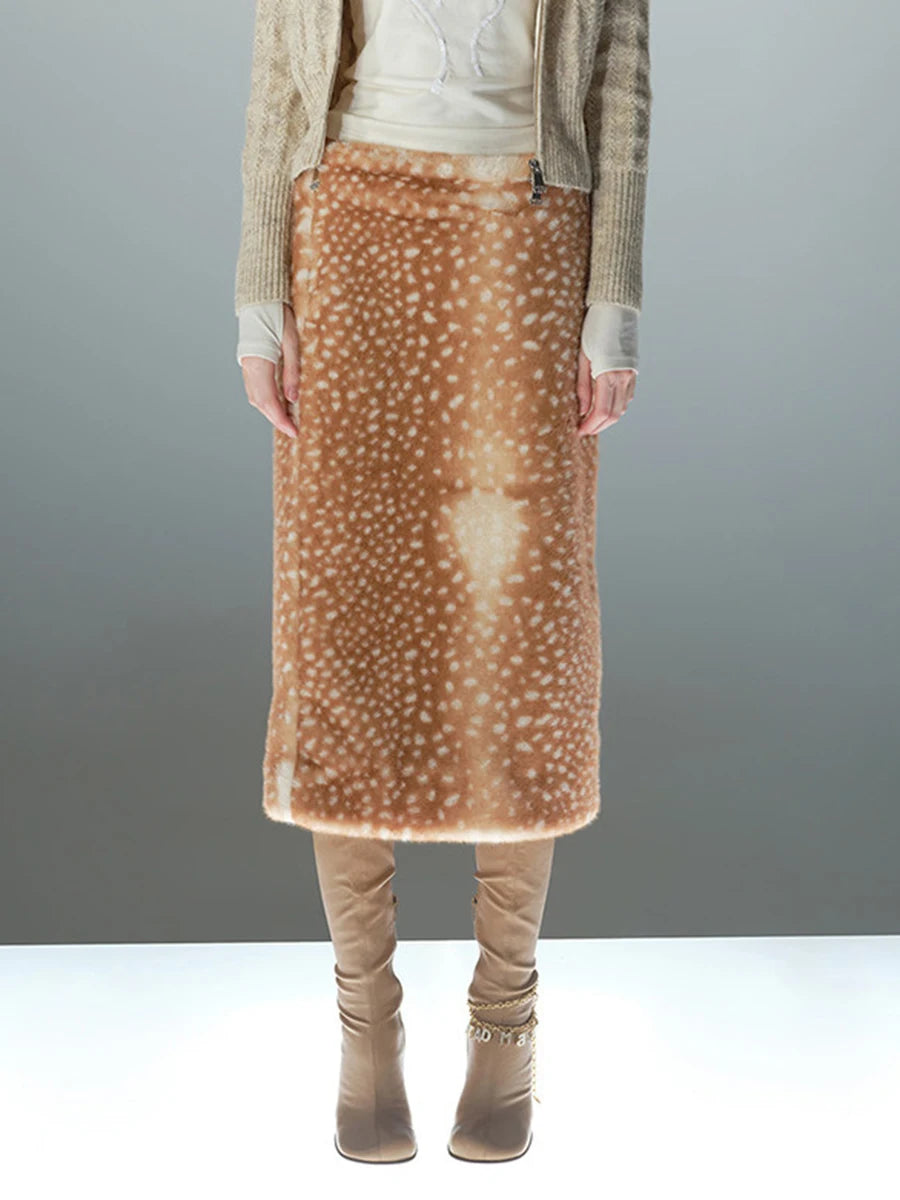 LIMO 2026 New Women Deer Print Faux Fur Skirt High Waist Straight Plush Midi Skirt