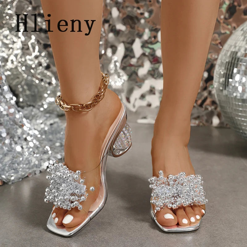 Hlieny Silver Crystal Ball Low Heel PVC Transparent Clear Slippers Women Peep Toe Summer Sandals Fashion Design Slides Shoes