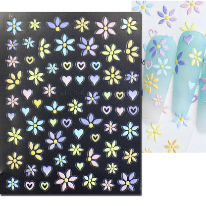 5D Embossed Nail Art Decals Elegant Petals Florals Daisy Flowers Leaves Adhesive Sliders Stickers For Manicure Tips Decoration