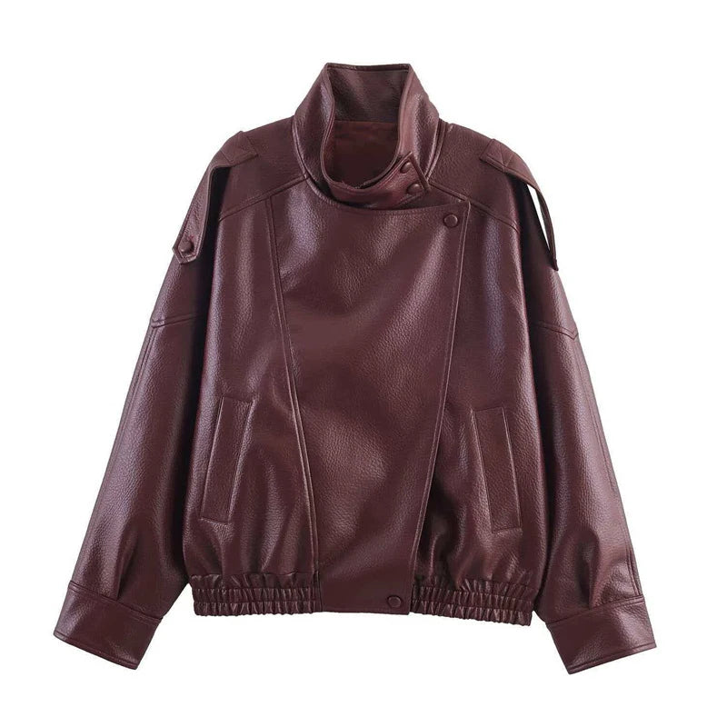Fashion Stand Collar Women's Leather Jacket Loose Aasymmetric Zipper Buttons Full Sleeve Coat 2026 Spring Lady Biker Streetwear