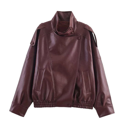 Fashion Stand Collar Women's Leather Jacket Loose Aasymmetric Zipper Buttons Full Sleeve Coat 2026 Spring Lady Biker Streetwear