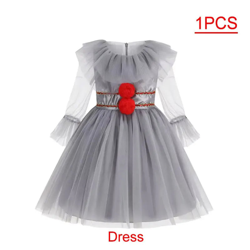 Scary Grey Joker Clown Costume for Kids Horrible Cosplay Dress Set 2026 Halloween Carnival Party Outfit Boys Girls