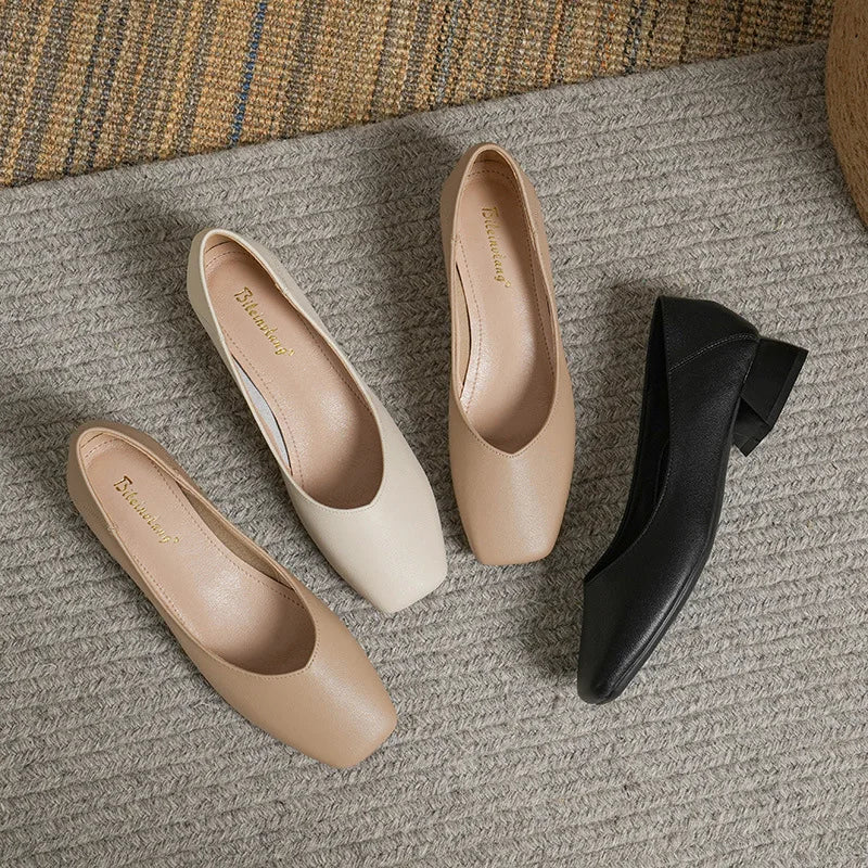 Woman Elegant Square Toe Concise Black 4CM High Heel Female Shallow Retro Mary Janes Comfortable Cute Loafers Lolita Shoes