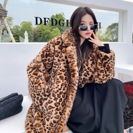 Fashion Faux Fur Leopard Coats Casual Turn-down Collar Leopard Jackets Women Winter Warm Rabbit Fur Coat Vintage Y2K Streetwear