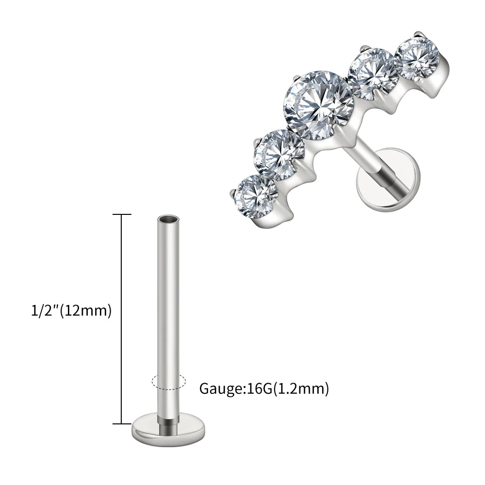 Right Grand ASTM F136 Titanium 16G CZ Cluster Flat Back Labret Stud Curved CZ Bar Climber Earring Helix Cartilage Stud Piercing