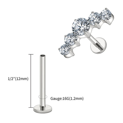 Right Grand ASTM F136 Titanium 16G CZ Cluster Flat Back Labret Stud Curved CZ Bar Climber Earring Helix Cartilage Stud Piercing