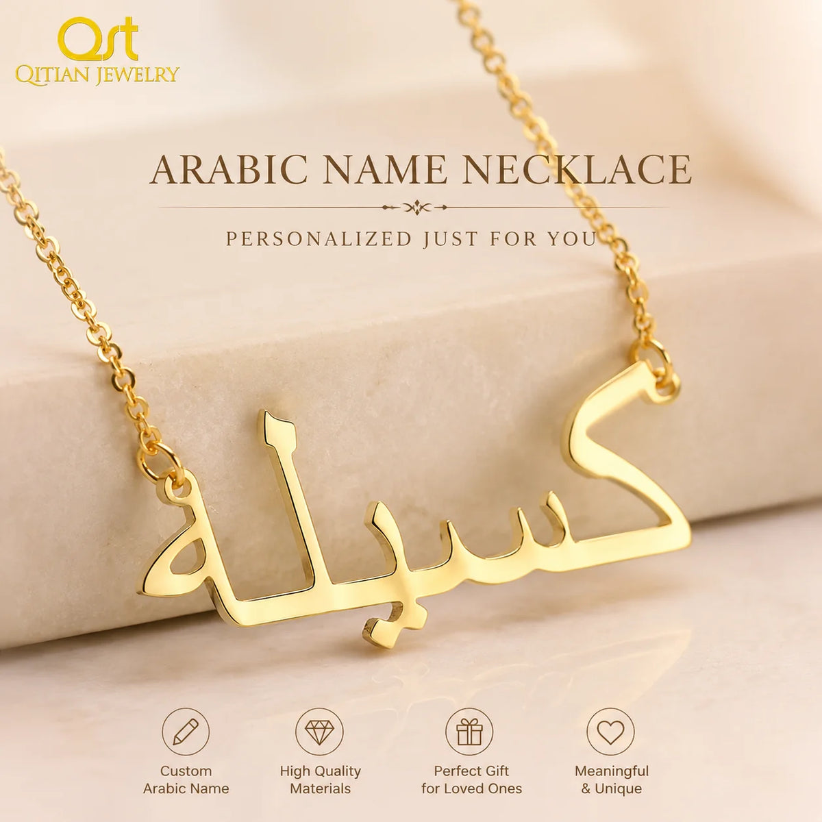Qitian Custom Arabic Name Necklace Personalized Nameplated Name Necklaces Stainless Steel Arabic Pendants Women Choker Bijoux