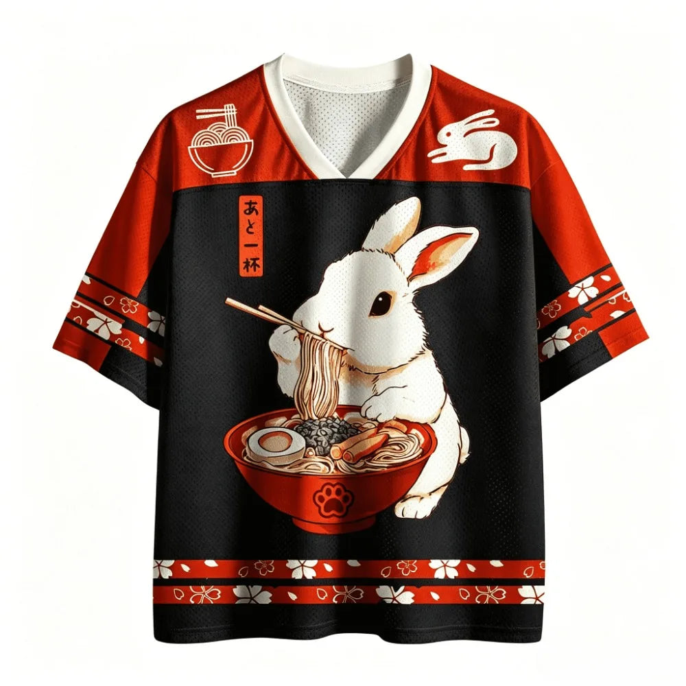 Japanese Cute Rabbit Eating Ramen 3D Print Breatha Quick-dry Men's V-neck Plus-size T-shirt Streetwear Y2K Parent-child Clothing