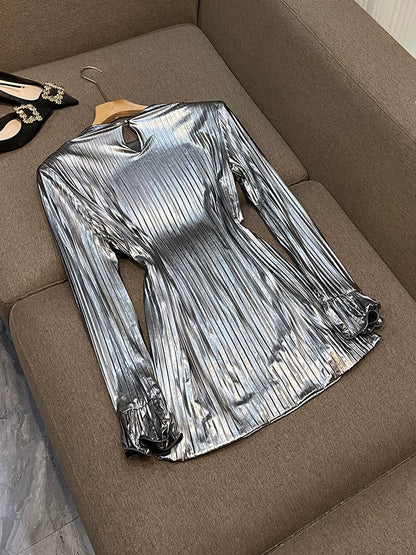 HIGH Quality 2026 Fashion Women's Sexy Luxury Glitter Flare Long Sleeve Belted Pleated Mini Party Dress