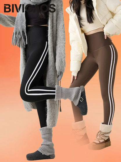 BIVIGAOS New Autumn White Striped Light Fleece Leggings Women Winter Pants High Waist Slim Velvet Thick Sport Warm Leggings