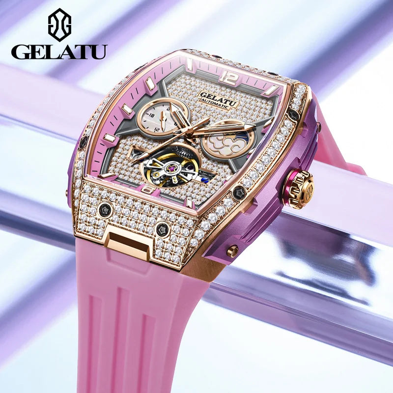 GELATU 6016 All Diamond Women Watch Silicone Waterproof Moonphase Chronograph Luxury Hollow Women All Automatic Mechanical Watch