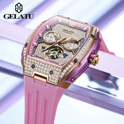 GELATU 6016 All Diamond Women Watch Silicone Waterproof Moonphase Chronograph Luxury Hollow Women All Automatic Mechanical Watch