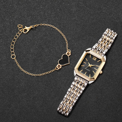 2PCS Fashion Mix Gold Women Quartz Watch Heart Bracelet Set Ladies Rectangle Roma Dial Wristwatch Reloj Mujer (Without Box)