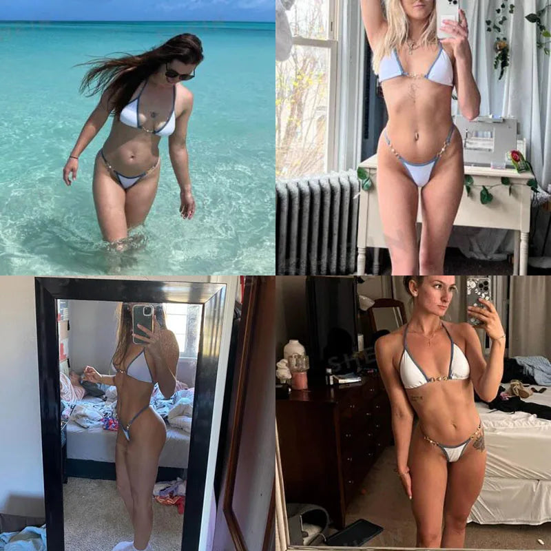2025 Women Swimsuit Halter Bath Suit Two Pieces Bikini Set Femme Beachwear Summer Bathing Suit String Adjust Thong Triangle Cup
