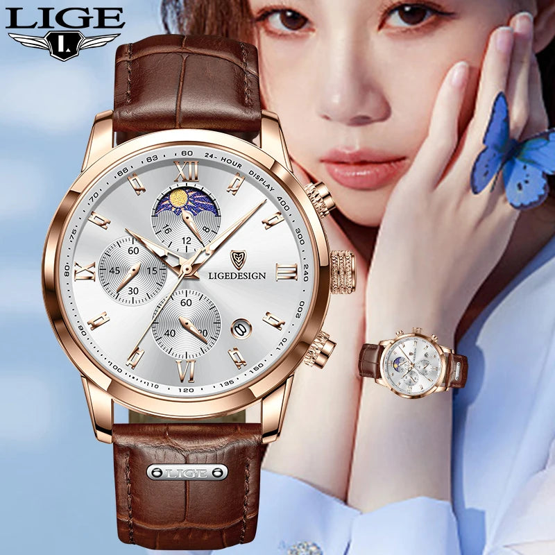 LIGE Luxury Fashion Women Watch Leather Strap Waterproof Casual Sport Quartz Wristwatch 24 Hour Moon Phase Clock Watch for Women