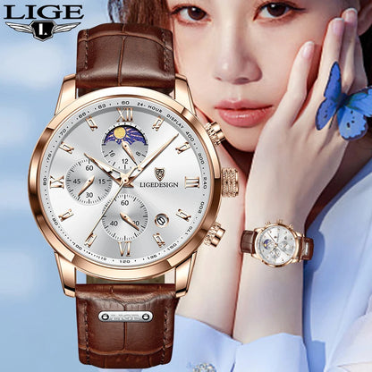 LIGE Luxury Fashion Women Watch Leather Strap Waterproof Casual Sport Quartz Wristwatch 24 Hour Moon Phase Clock Watch for Women