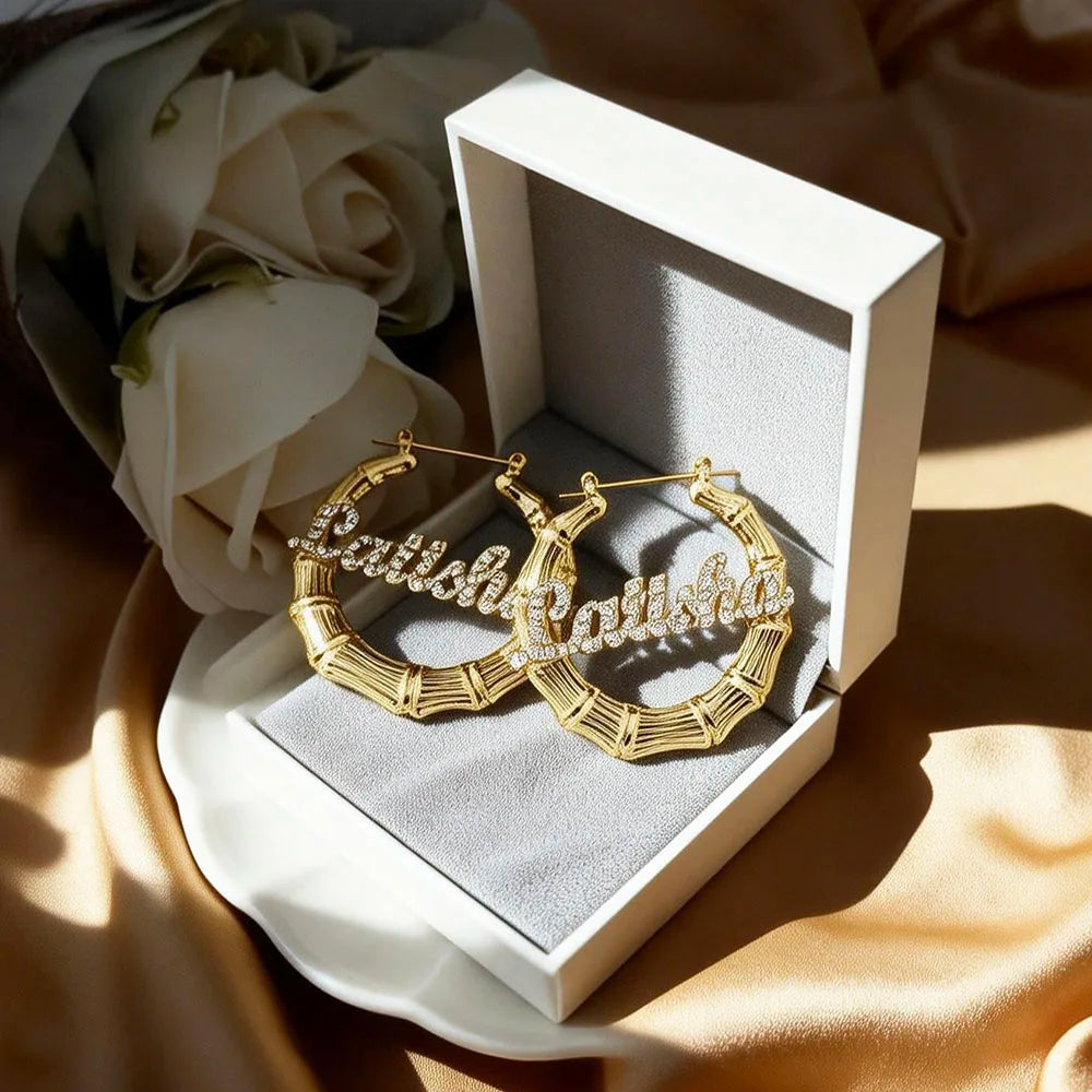DODOAI 40mm-100mm Bling Name Bamboo Earrings Custom Trapezoid Hoop Bamboo Names Earrings Letter Big Personalised Name Earrings