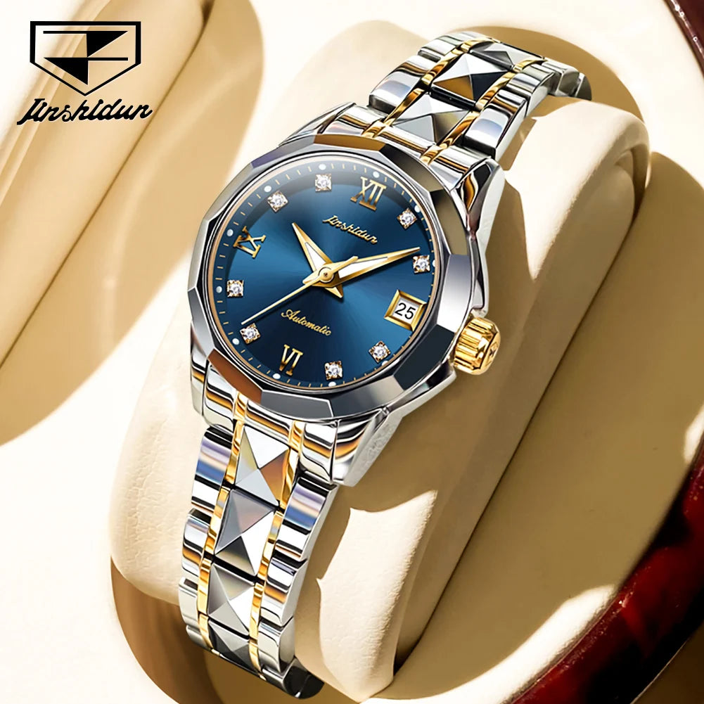 JSDUN Women's Watches Luxury Fashion Tungsten Steel Strap Sapphire Mirror Original Automatic Mechanical Wristwatch for Lady Date