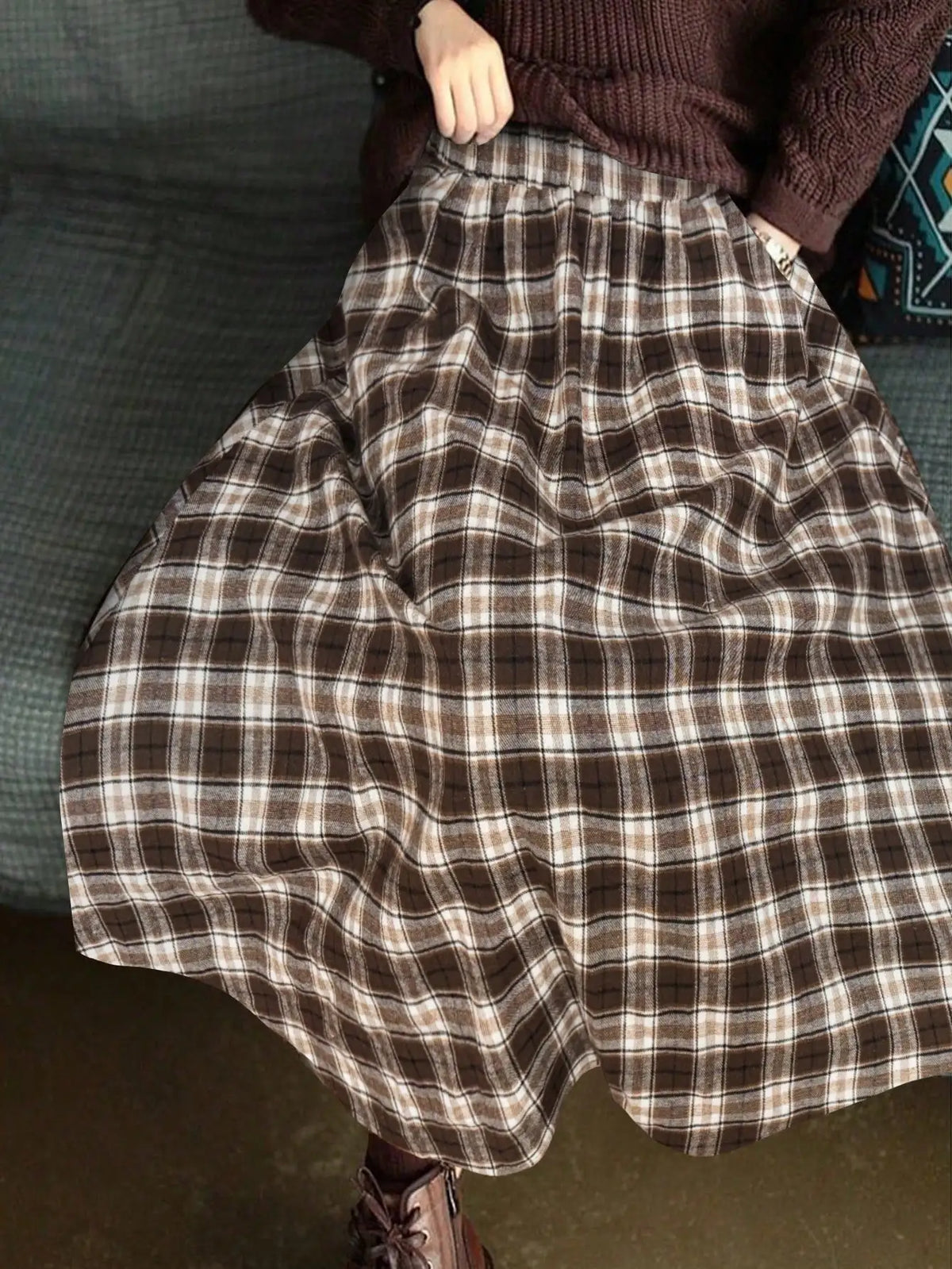 Womens Vintage Plaid Midi Skirt High Waist Elastic A Line Long Skirt Autumn Winter Casual