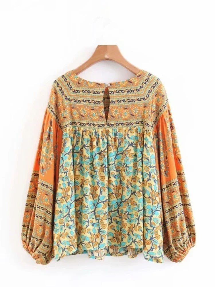 Vintage Chic Women Yellow Floral Print Long Sleeve Bohemian Blouse Shirt Loose Knited Boho Beach Rayon Cotton Blusa Tops