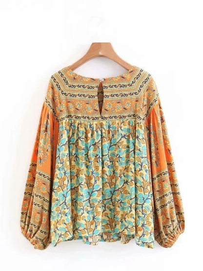 Vintage Chic Women Yellow Floral Print Long Sleeve Bohemian Blouse Shirt Loose Knited Boho Beach Rayon Cotton Blusa Tops