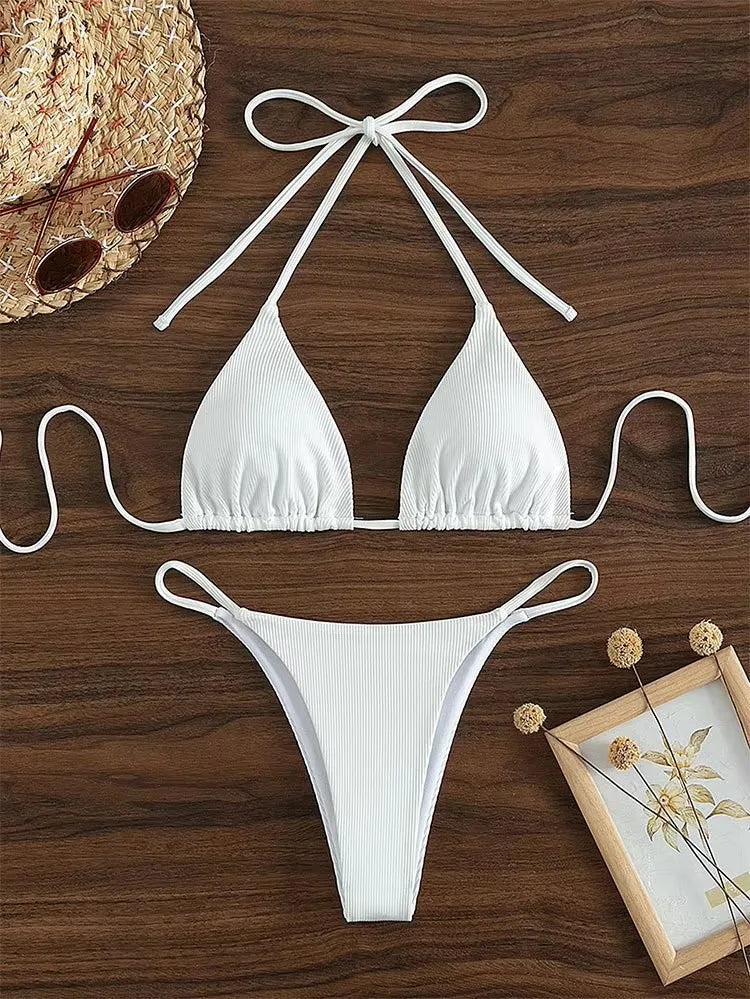 2025 Special Pit Stripe Fabric Bikini Set Women Sexy Simple Solid Halter Bikini Swimsuit High Waisted Lace Up Beach Bathing Suit