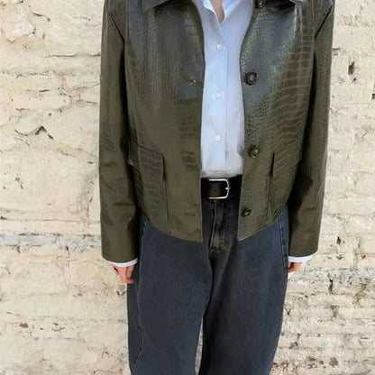 Crocodile Grain Women's Outerwear Lapel Long Sleeve Leather Jacket Vintage Olive Green Leather Coat Loose Cropped Fit Single
