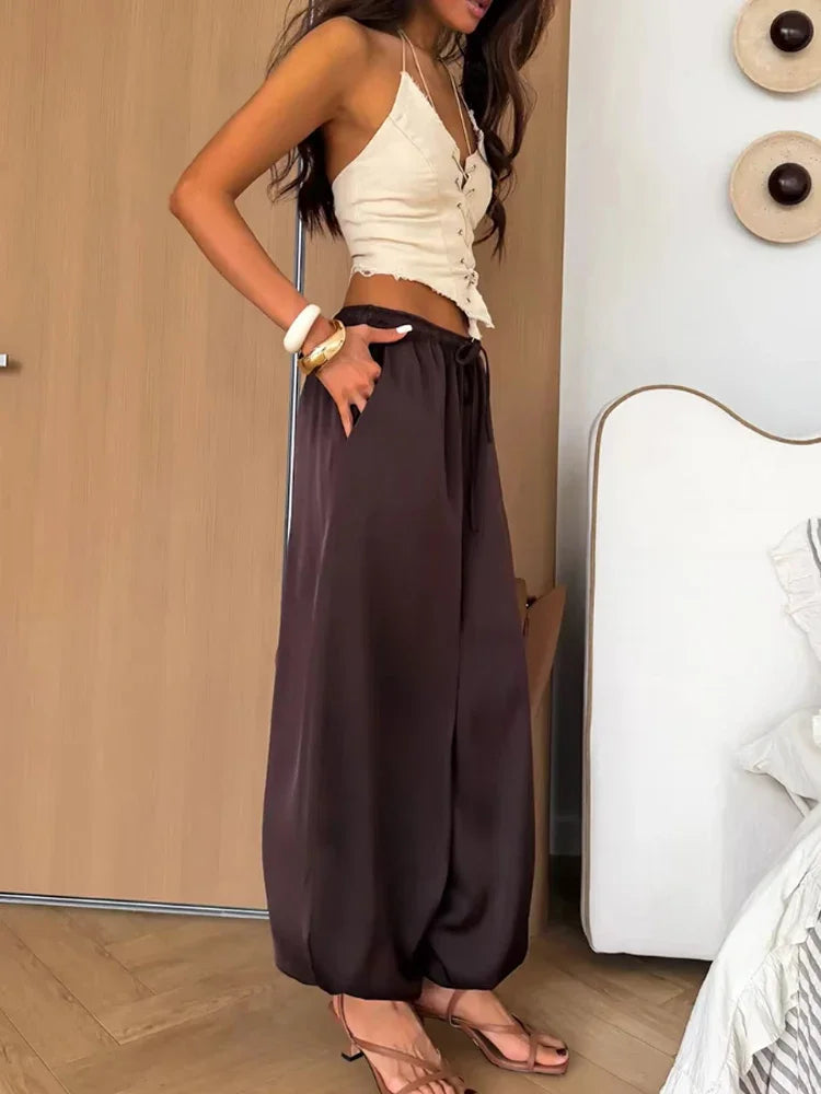 Solid Drapey Satin Loose Harem Pants Women Casual Elastic Waist Drawstring Design Long Pant 2026 Lady Commute Versatile Wear New