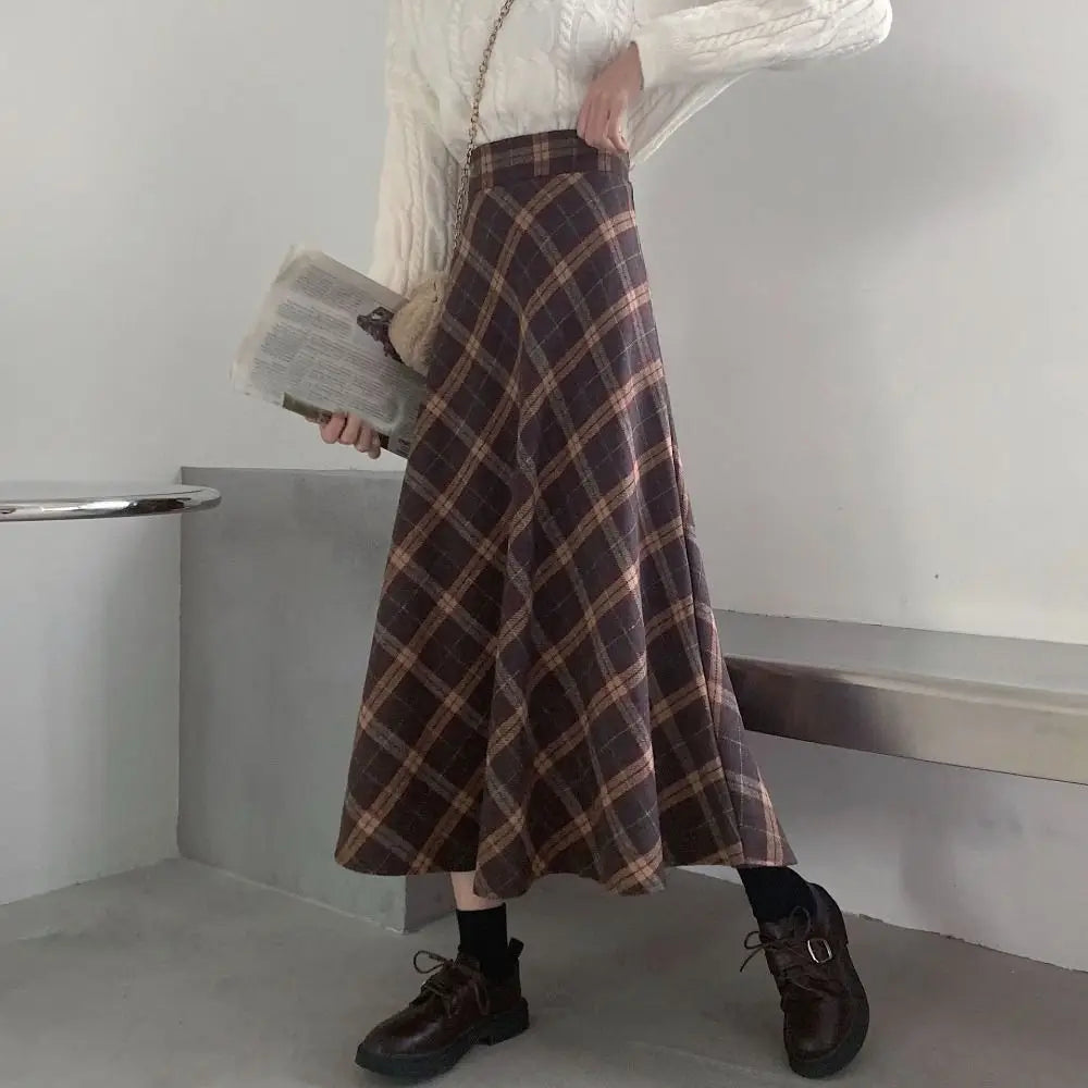 High Waist Retro Plaid Skirt Slim Fit Winter Autumu High Waist Long Skirt Preppy Style Aesthetic A-line Half Dress Girls