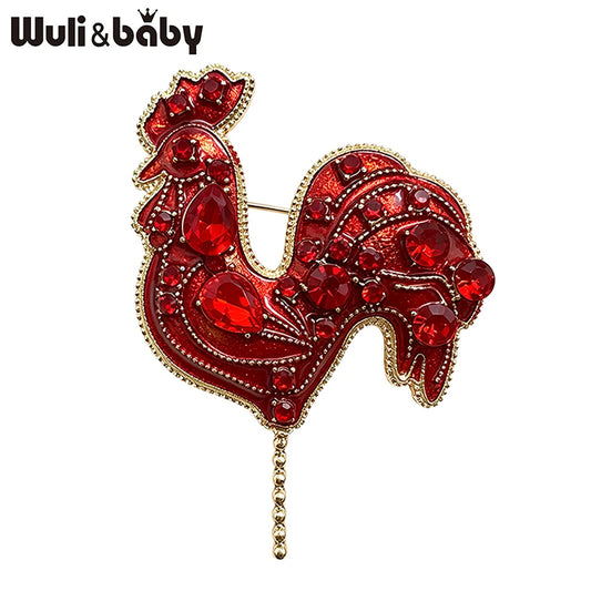 Wuli&baby Beautiful Crystal Cock Brooches For Women Unisex Red Handmade Chicken Animal Party Casual Brooch Pin Gifts