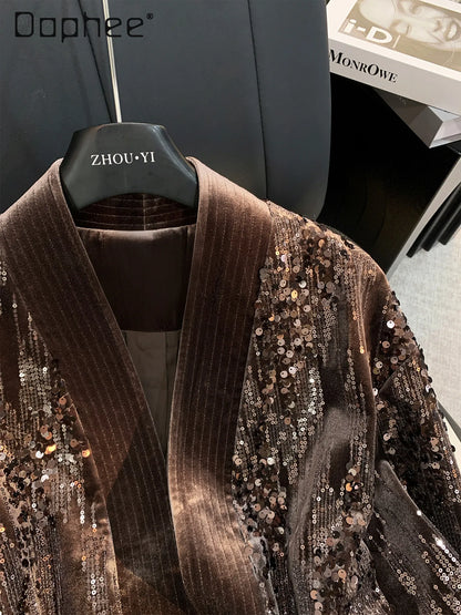 New Chinese Style Heavy Sequin Velvet Button Coat for Women Elegant V-Neck Slim Loose Slim Trendy High-End Coat Female