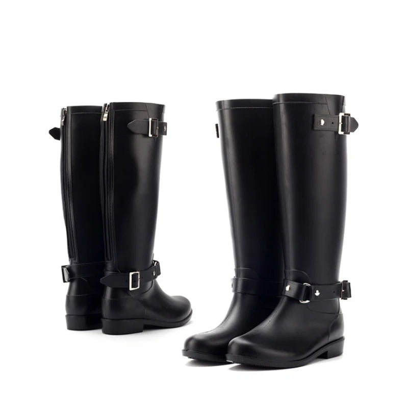 Rubber Boots for Women Waterproof Work Fashion Back Zipper Round Toe High Rain Boots Woman Water Shoes Botas De Caza Espanolas