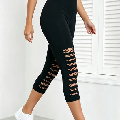 New Black Openwork Mesh Capris Leggings Stretchy Breathable Soft Sports Fitness Pants Everyday Wear Stylish Casual Tights